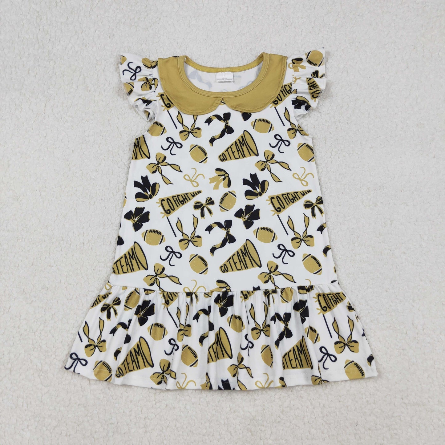 Sibling Baby Girls Gold Bows Footballs Go Team Ruffle Zipper Footie Romper Knee Length Dress
