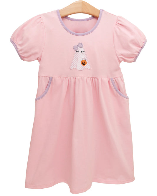 ( Moq 5 ) Preorder Baby Girl Short Sleeves Ghost Pumpkin Halloween Pockets Pink Dress