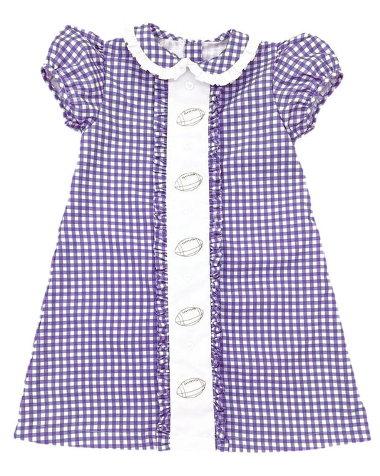 ( Moq 5 ) Preorder Baby Girl Short Sleeves Purple Plaid Summer Football Knee Length Dress