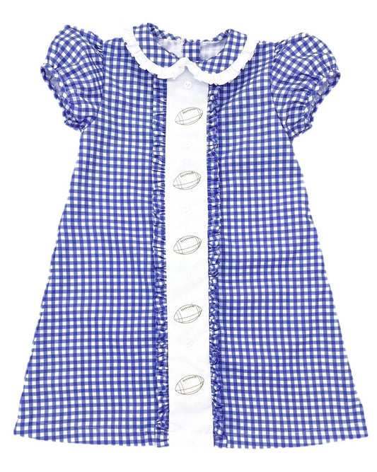 ( Moq 5 ) Preorder Baby Girl Short Sleeves Blue Plaid Summer Football Knee Length Dress