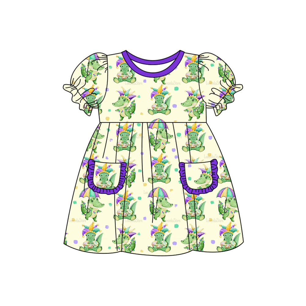 ( Moq 5 ) Preorder Girls Kids Short Sleeves Crocodiles Pockets Mardi Gras Knee Length Dress