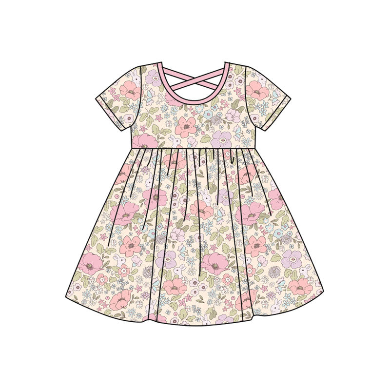 ( Moq 5 )Preorder Girls Kids Short Sleeves Flower Summer Knee Length Dress