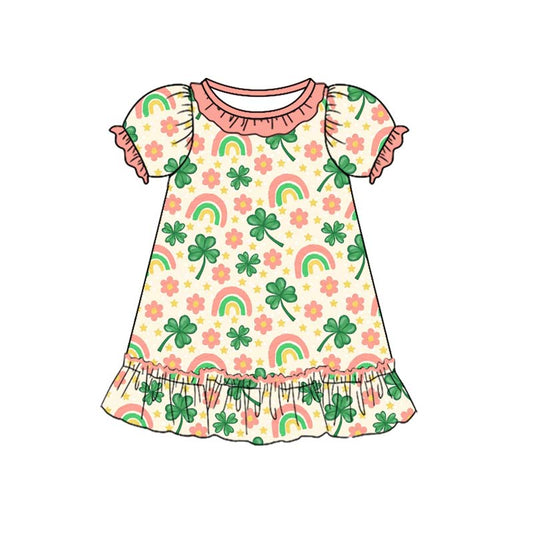 ( Moq 5 )Preorder Girls Kids Short Sleeves Rainbow Flower St. Patrick's Dress