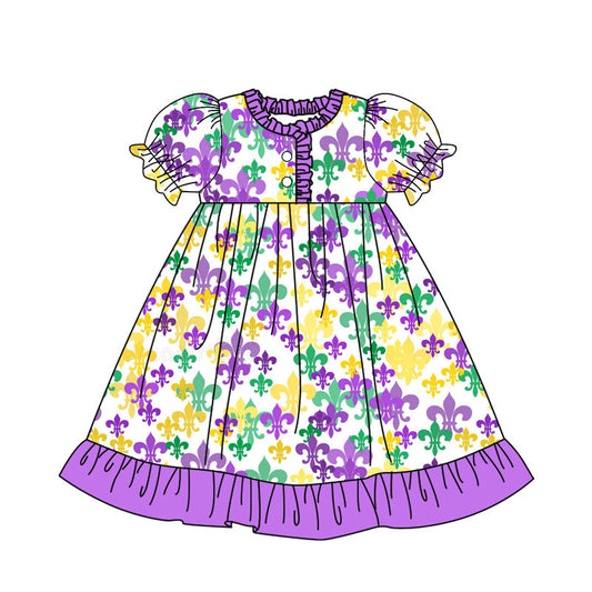 ( Moq 5 ) Preorder Girls Kids Short Sleeves Anchors Mardi Gras Purple Ruffle Dress