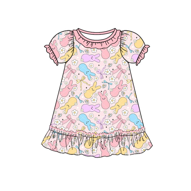 ( Moq 5 ) Preorder Girls Kids Short Sleeves Flower Bows Rabbits Easter Ruffle Dress