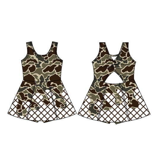 ( Moq 5 ) Preorder Girls Kids Camo Drips Plaid Skort Yoga Active Knee Length Dress