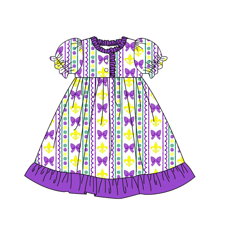 ( Moq 5 ) Girls Kids Anchors Bows Buttons Mardi Gras Purple Ruffle Gown Dress