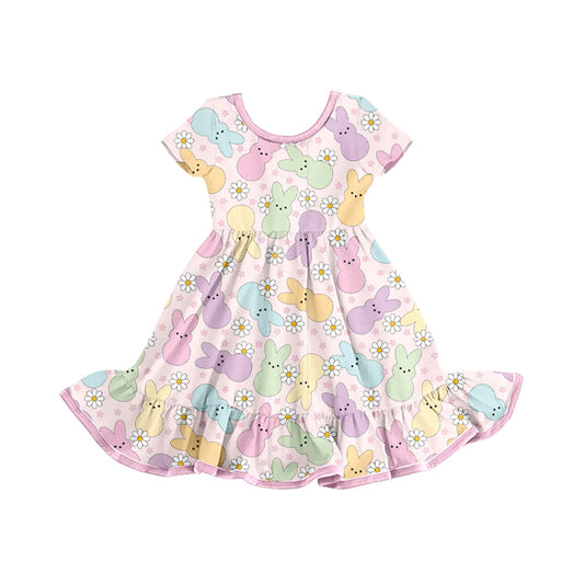 ( Moq 5 ) Preorder Girls Kids Short Sleeves Rabbits Flower Easter Knee Length Dress