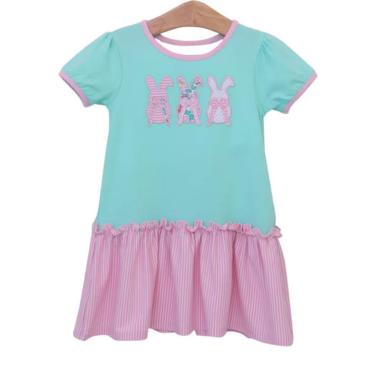 ( Moq 5 ) Preorder Girls Kids Short Sleeves Rabbits Bows Easter Stripes Dress