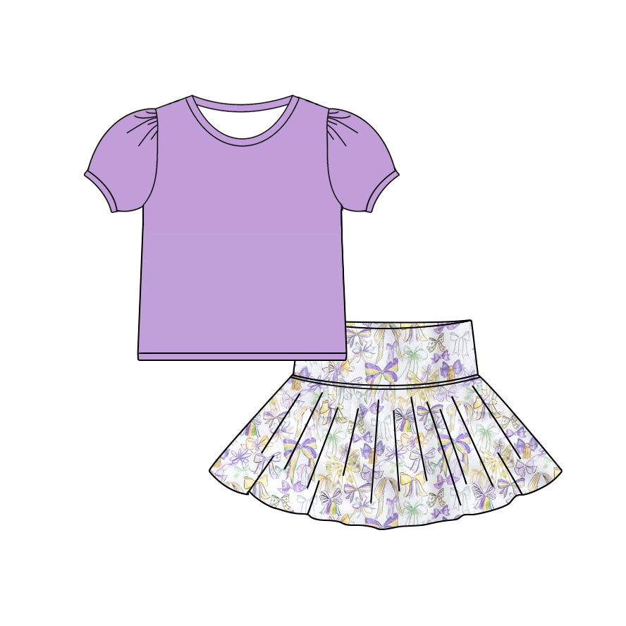 ( Moq 5 ) Preorder Girls Kids Purple Shirt Mardi Gras Bows Skort Clothes Set