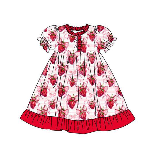 ( Moq 5 ) Preorder Girls Kids Short Sleeves Strawberry Bows Valentine's Day Ruffle Gown Dress