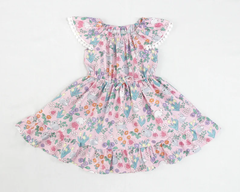 ( Moq 5 ) Preorder Girls Kids Short Sleeves Rabbits Flower Easter Ruffle Knee Length Dress