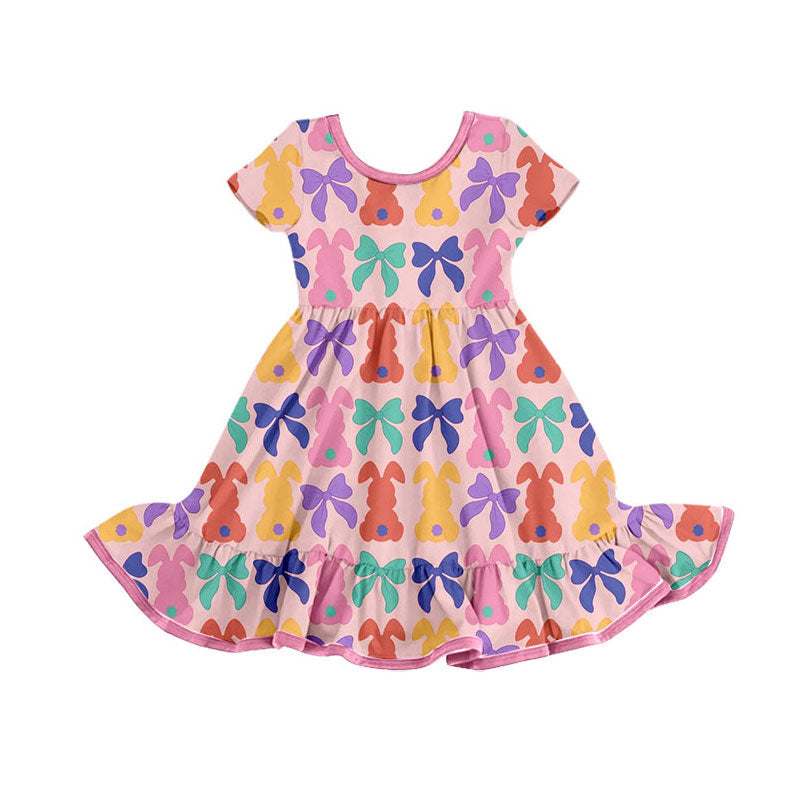( Moq 5 ) Preorder Girls Kids Short Sleeves Rabbits Bows Easter Knee Length Dress