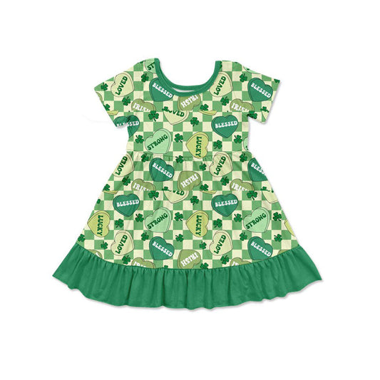 ( Moq 5 ) Preorder Girls Kids Short Sleeves Hearts Plaid St. Patrick's Day Green Knee Length Dress