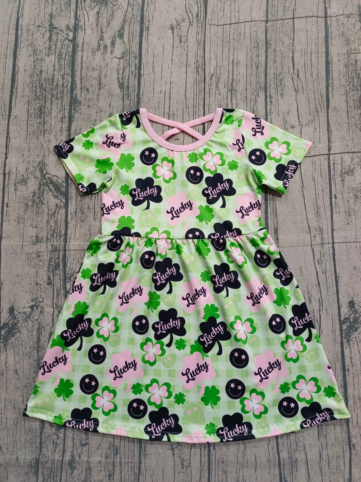 Baby Girls Kids Short Sleeves Smile Plaid St. Patrick's Day Green Knee Length Dress RTS