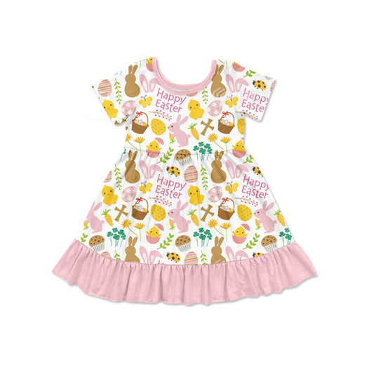 ( Moq 5 ) Preorder Girls Kids Short Sleeves Rabbits Eggs Easter Knee Length Dress
