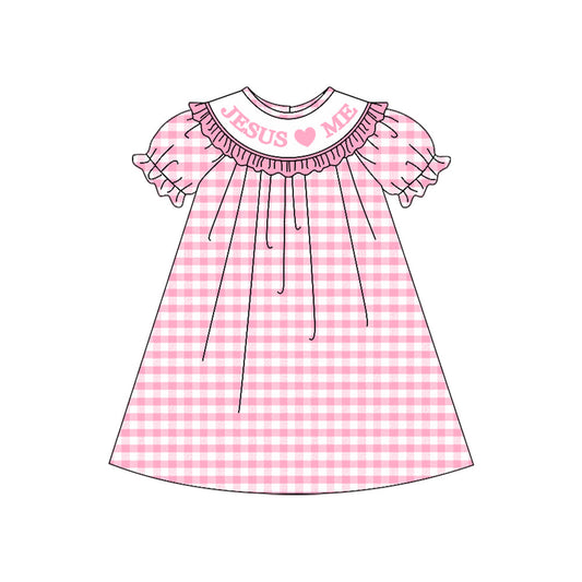 ( Moq 5 ) Preorder Girls Kids Jesus Loves Me Pink Plaid Knee Length Dress