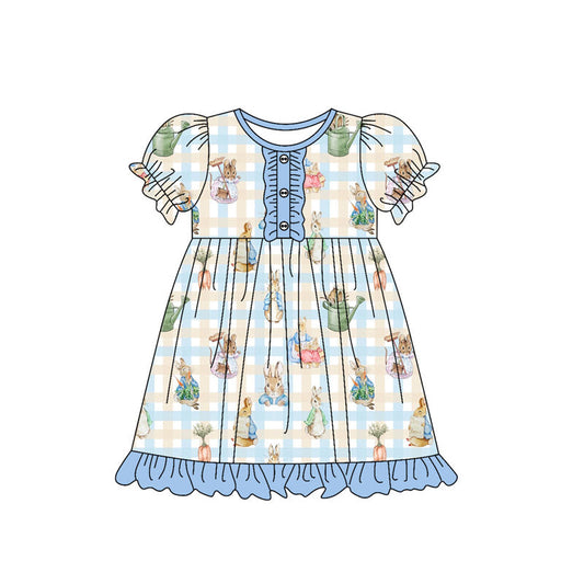 ( Moq 5 ) Preorder Girls Kids Short Sleeves Rabbits Plaid Easter Knee Length Dress