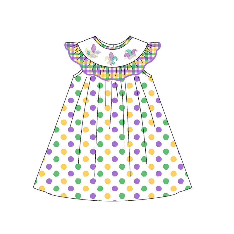 ( Moq 5 ) Preorder Girls Kids Anchors Dots Mardi Gras Plaid Ruffle Knee Length Dress