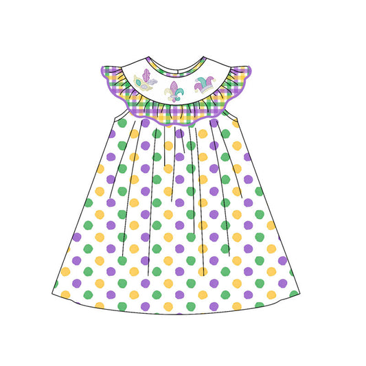 ( Moq 5 ) Preorder Girls Kids Anchors Dots Mardi Gras Plaid Ruffle Knee Length Dress