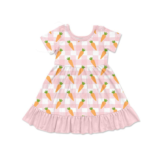 ( Moq 5 ) Preorder Girls Kids Short Sleeves Carrots Pink Plaid Easter Dress
