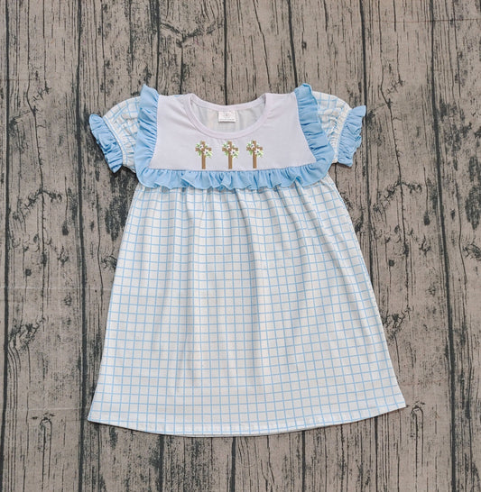 ( Moq 5 ) Preorder Girls Kids Embroidery Flower Cross Blue Plaid Easter Knee Length Dress