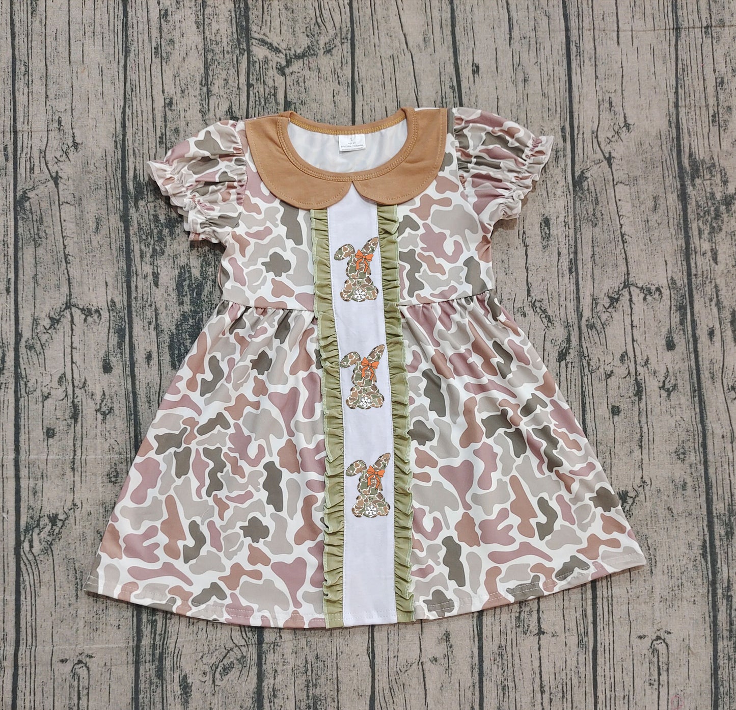 ( No moq ) Preorder Girls Kids Short Sleeves Embroidery Rabbits Bows Camo Easter Knee Length Dress