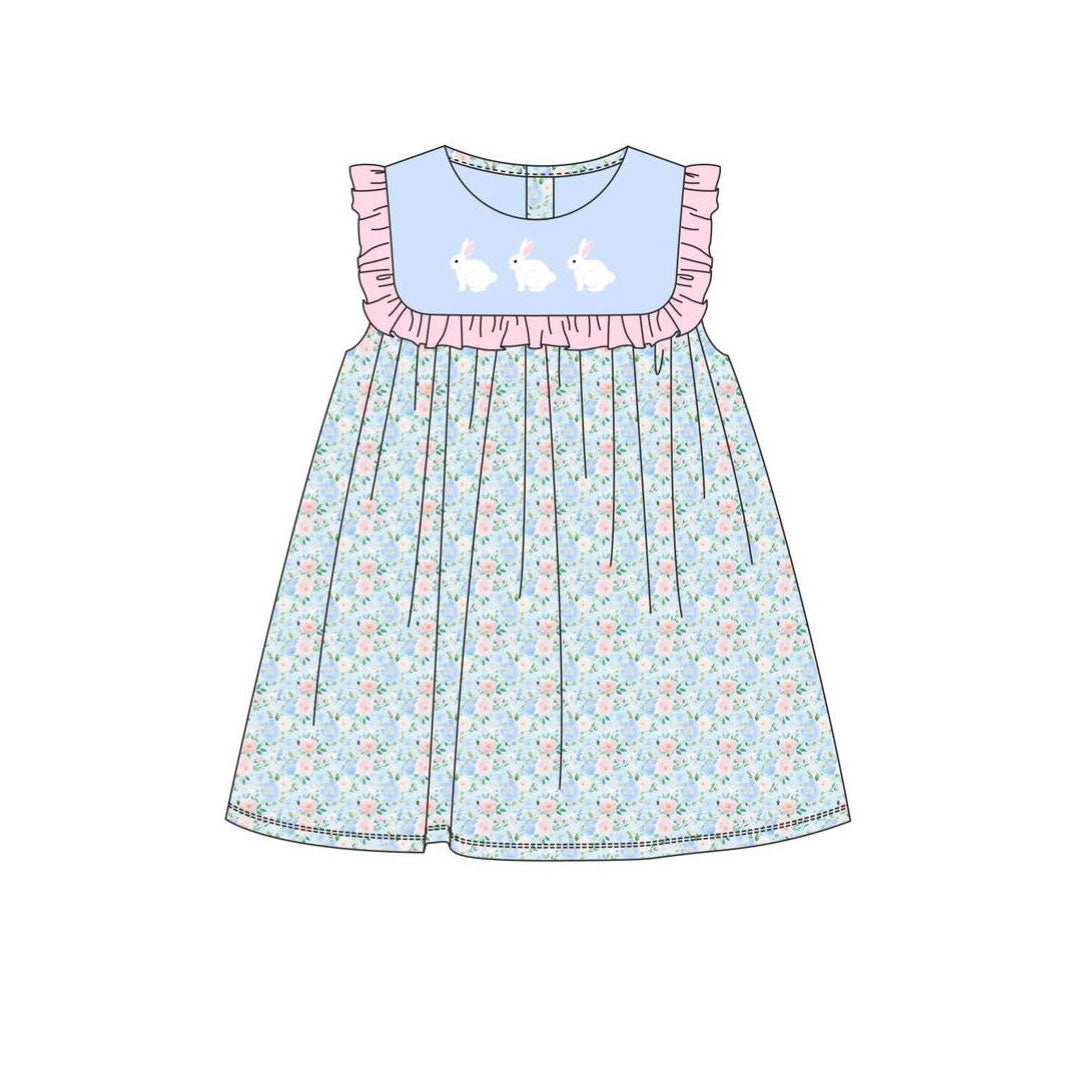 ( Moq 5 ) Preorder Girls Sleeveless Rabbits Floral Easter Knee Length Dress