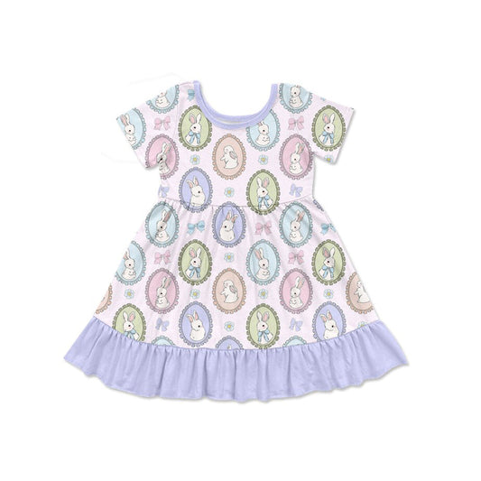 ( Moq 5 ) Preorder Girls Kids Short Sleeves Rabbits Flower Bows Easter Knee Length Dress
