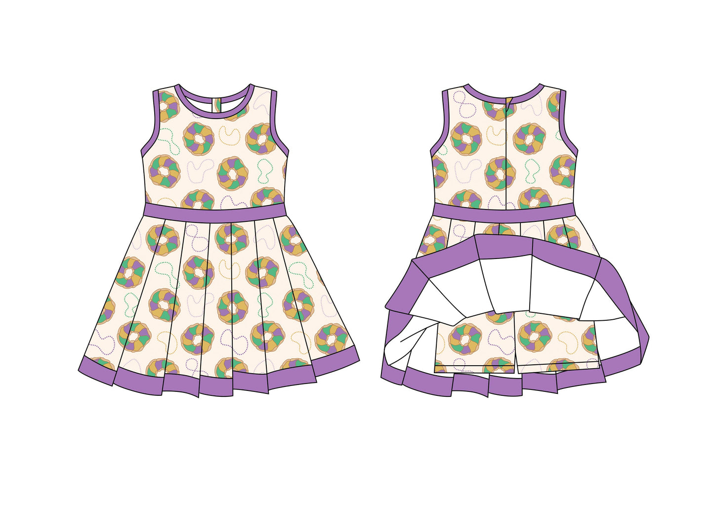( Moq 5 ) Preorder Girls Kids Sleeveless Donuts Skort Yoga Active Mardi Gras Dress