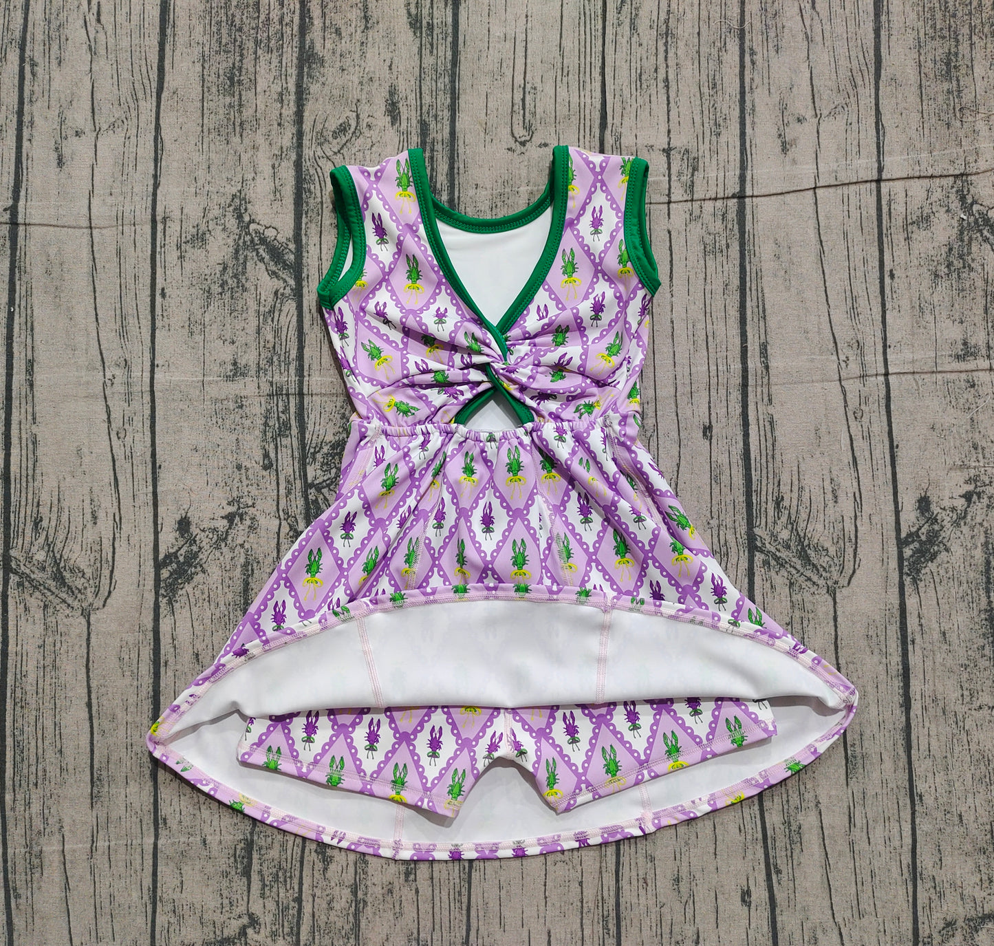 Baby Girls Kids Sleeveless Crawfish Plaid Skort Yoga Active Mardi Gras Purple Dress RTS