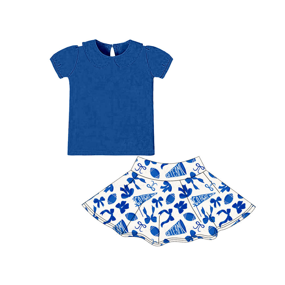( Moq 5 ) Preorder Girls Kids Blue Shirt Cheer Bows Football Team Shorts Skirts Skort Yoga Active Set