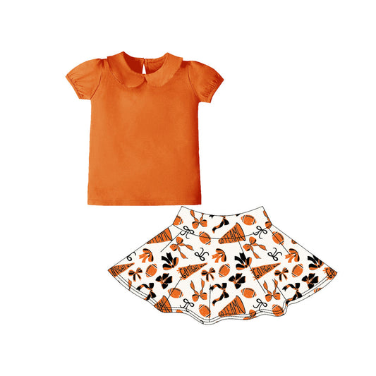 ( Moq 5 ) Preorder Girls Kids Orange Shirt Cheer Bows Football Team Shorts Skirts Skort Yoga Active Set