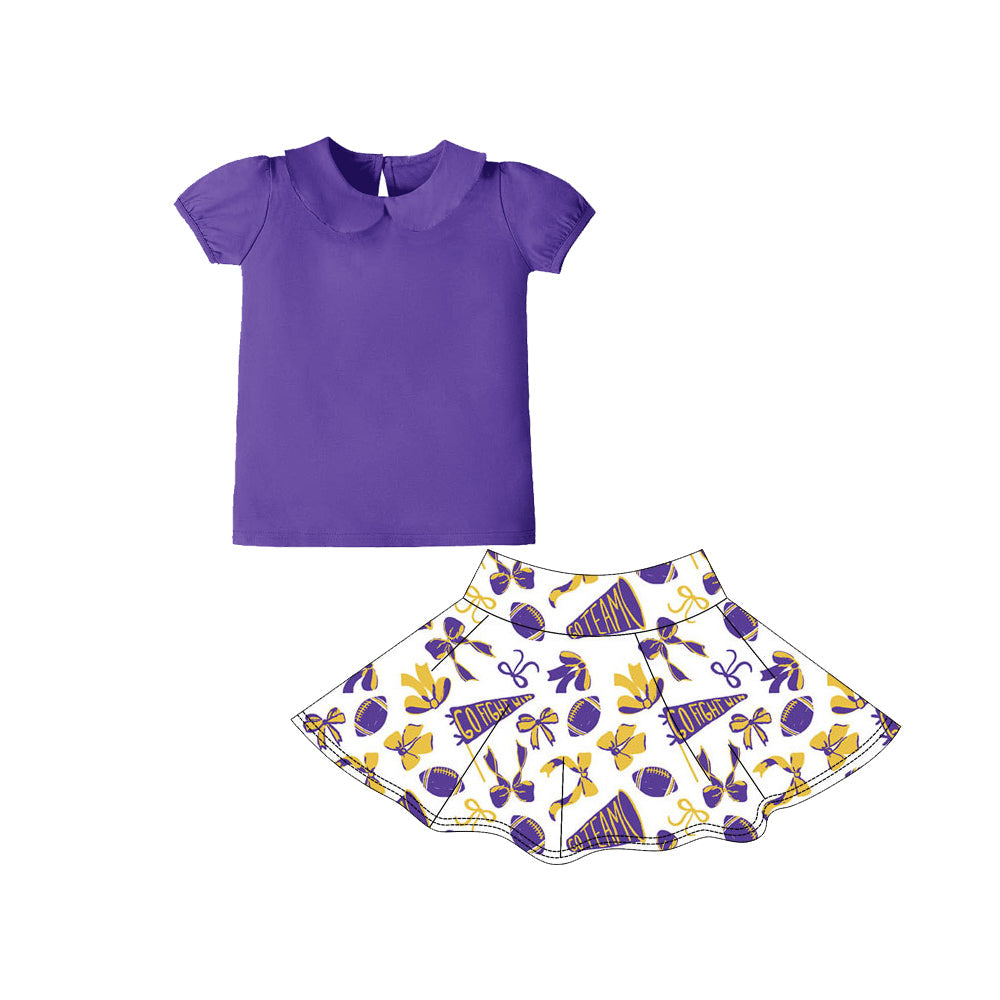 ( Moq 5 ) Preorder Girls Kids Purple Shirt Cheer Bows Football Team Shorts Skirts Skort Yoga Active Set