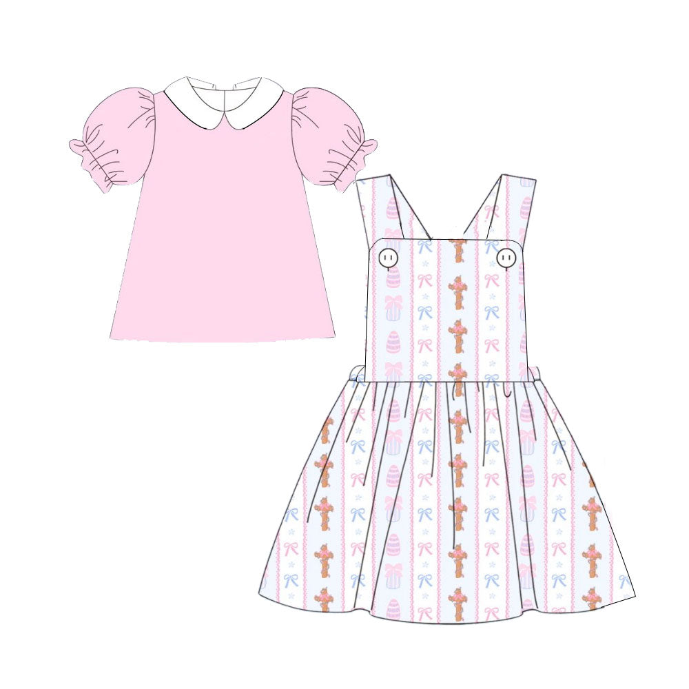 ( Moq 5 ) Preorder Girls Kids Pink Short Sleeves Shirt Cross Eggs Bows Dress Easter Set