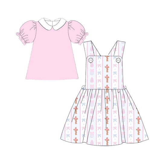 ( Moq 5 ) Preorder Girls Kids Pink Short Sleeves Shirt Cross Eggs Bows Dress Easter Set