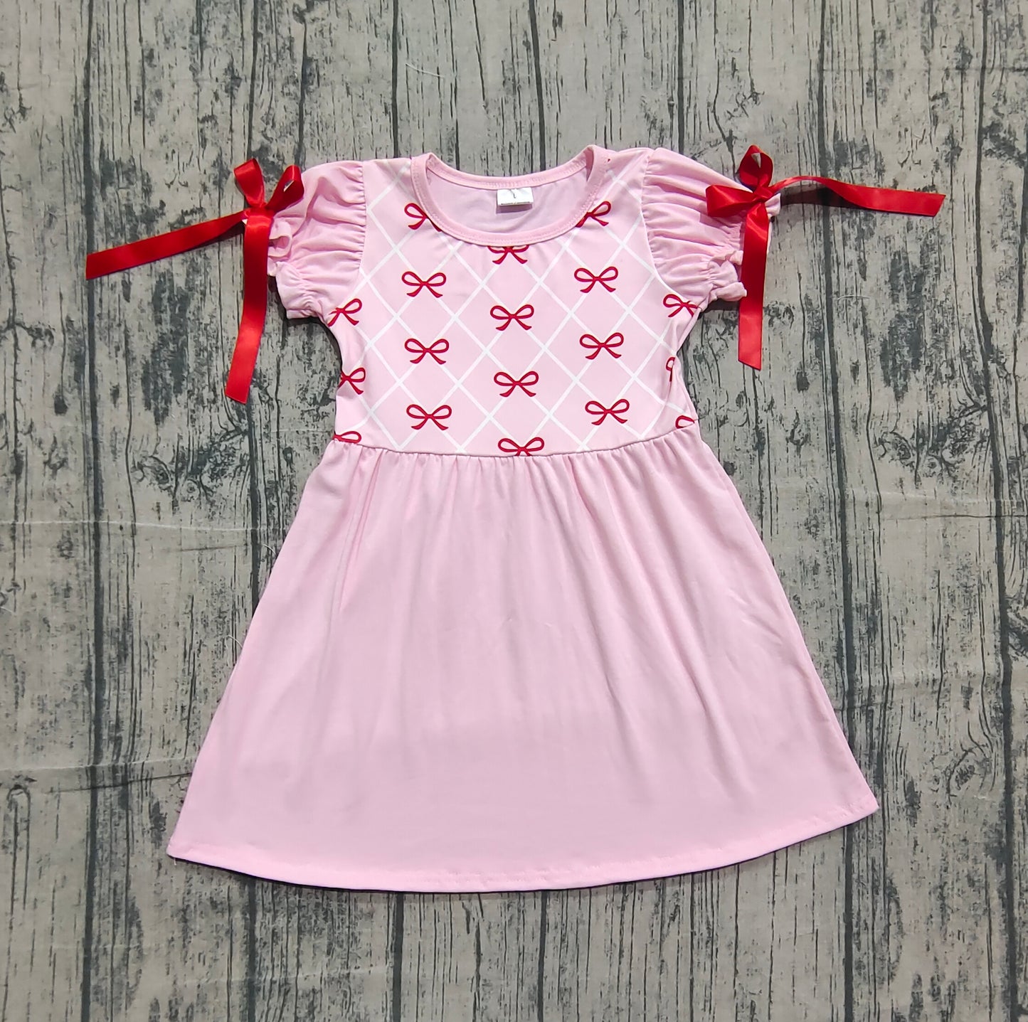 ( No moq ) Preorder Girls Kids Short Sleeves Bows Knee Length Dress