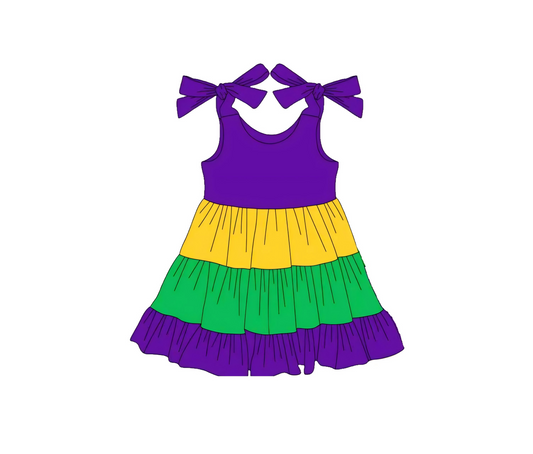 ( Moq 5 ) Preorder Girls Kids Bow Sleeveless Mardi Gras Knee Length Dress