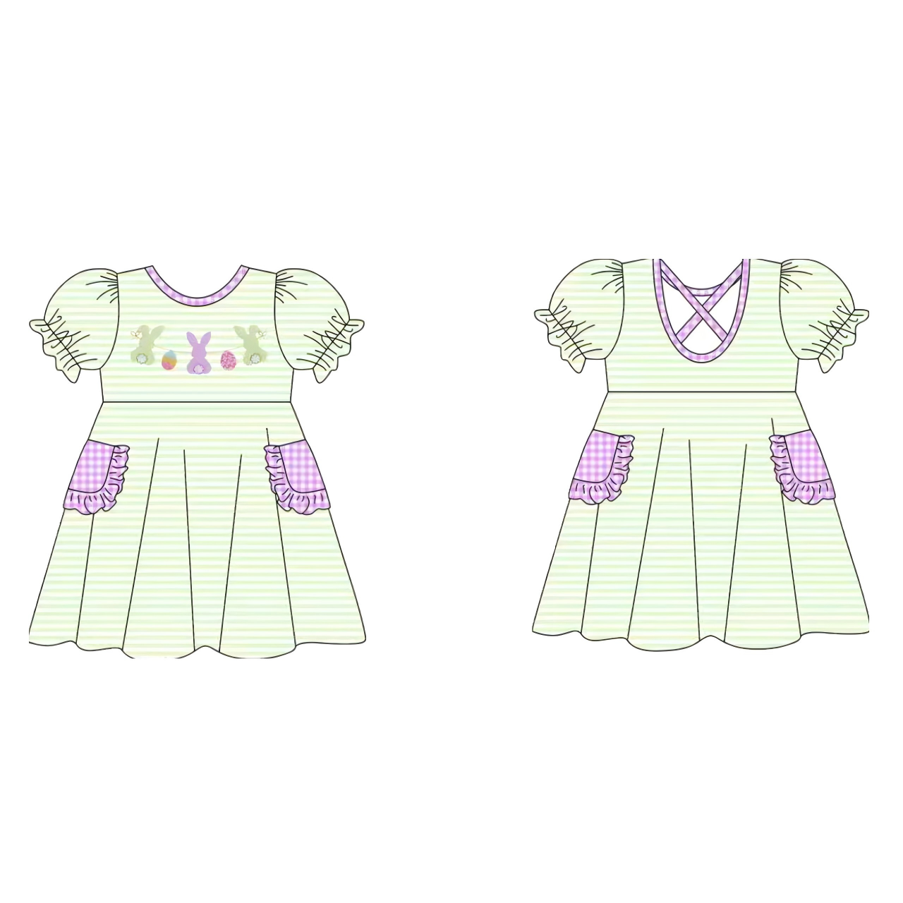( Moq 5 ) Preorder Girls Kids Short Sleeves Rabbits Eggs Pockets Stripes Easter Dress