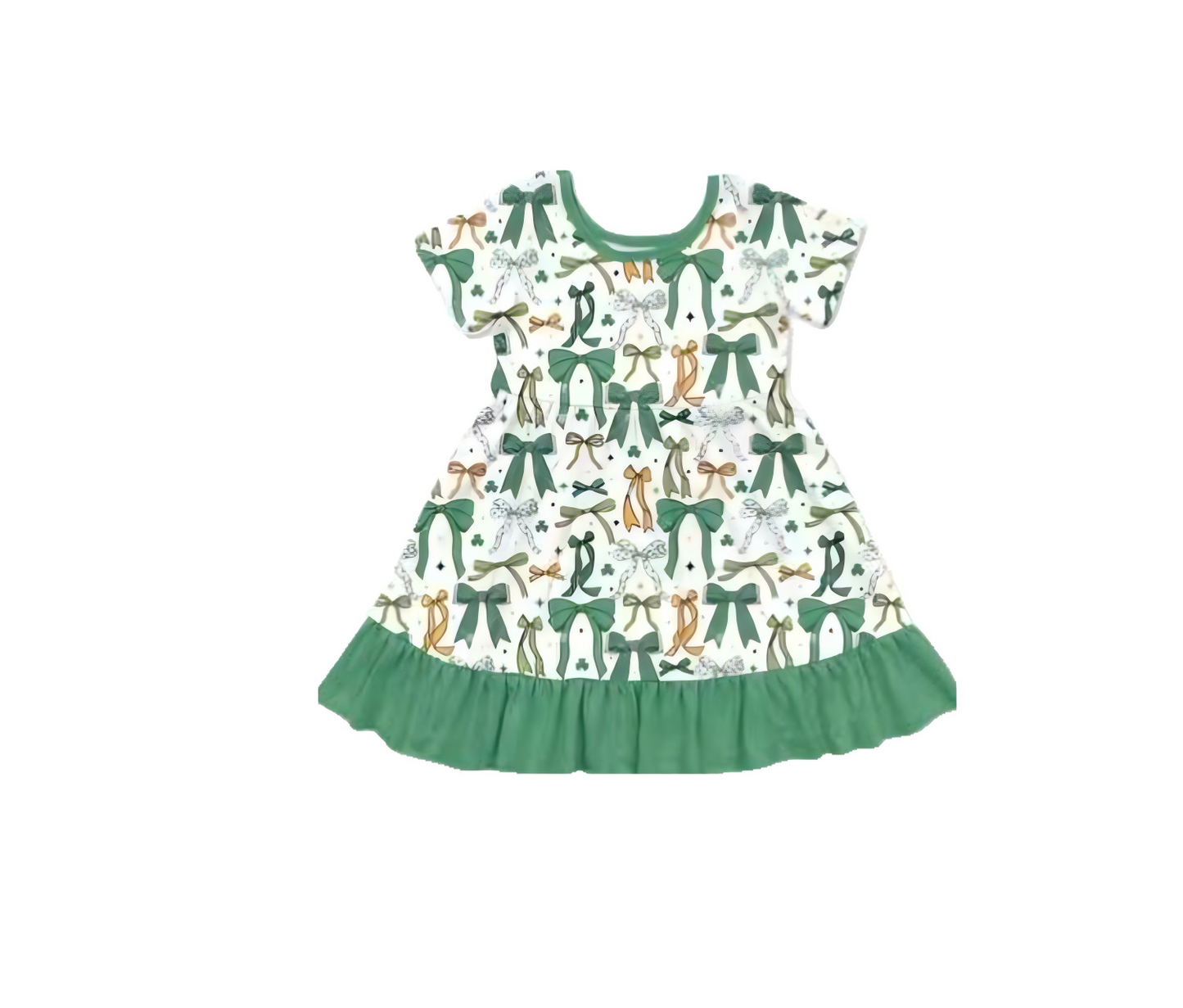 ( Moq 5 ) Preorder Girls Kids Short Sleeves Bows St. Patrick's Day Green Ruffle Dress