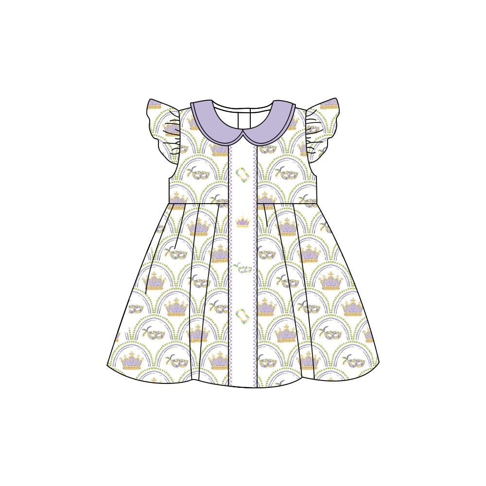 ( Moq 5 ) Preorder Girls Kids Short Sleeves Masks Mardi Gras Knee Length Dress