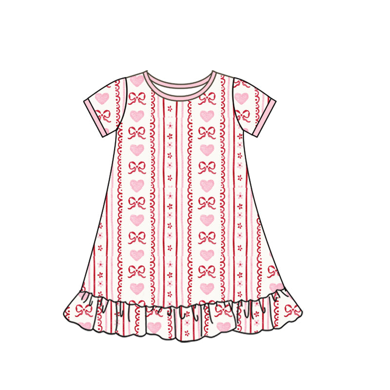 ( Moq 5 ) Preorder Girls Kids Short Sleeves Hearts Bows Floral Valentine Ruffle Dress