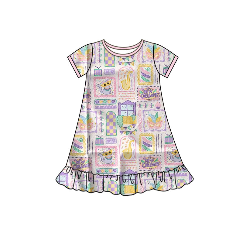 ( Moq 5 ) Preorder Girls Kids Short Sleeves Masks Mardi Gras Ruffle Knee Length Dress