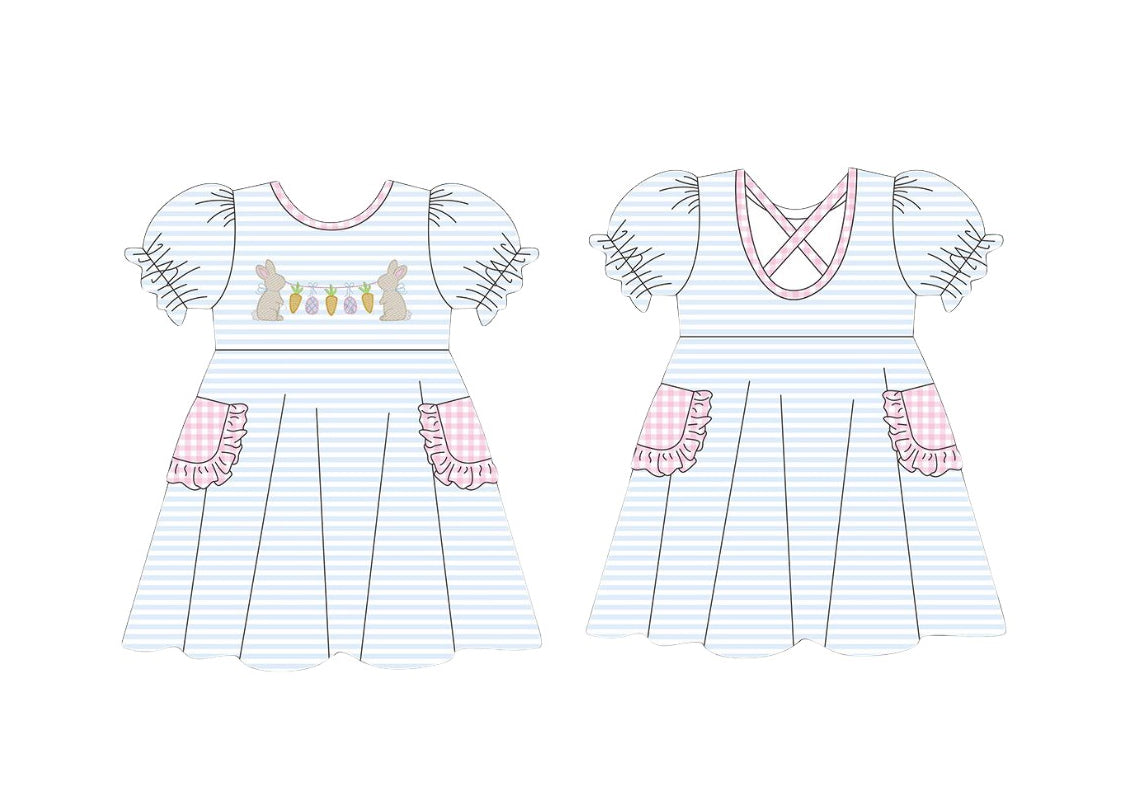 ( Moq 5 ) Preorder Baby Girls Rabbits Carrots Blue Stripes Easter Pockets Knee Length Dress