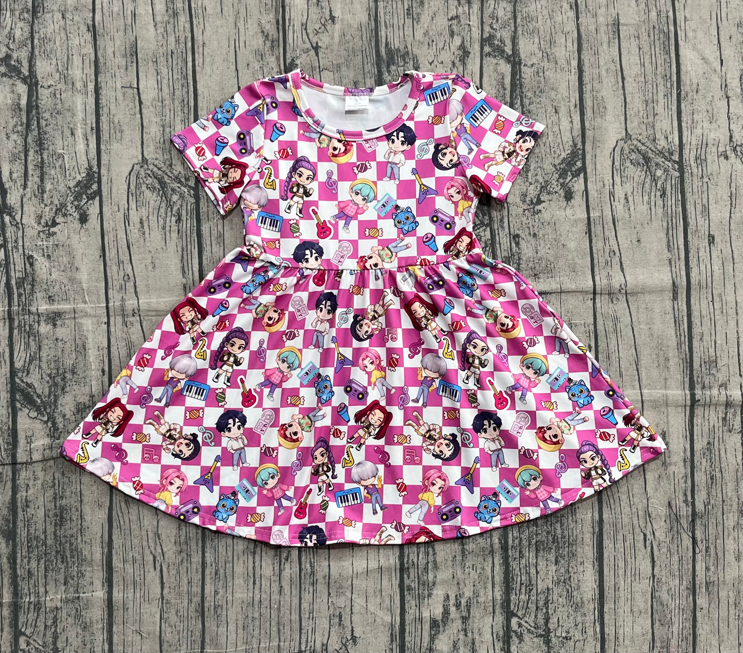 Baby Girls Kids Short Sleeves Music Character Plaid Knee Length Dress RTS