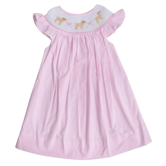 ( Moq 5 ) Preorder Baby Girls Kids Short Sleeves Dogs Bows Pink Knee Length Dress