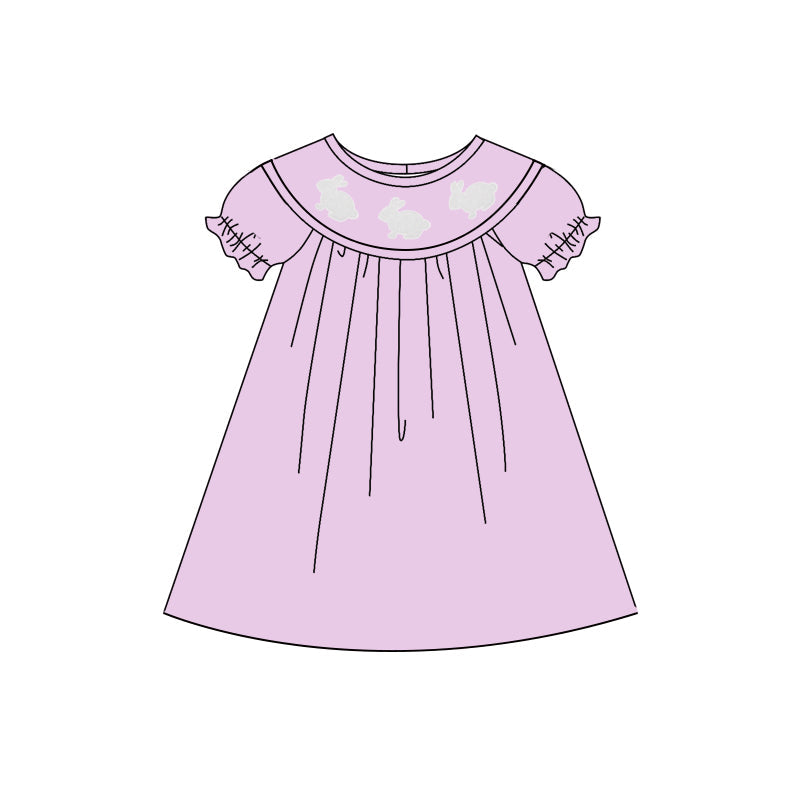 ( Moq 5 ) Preorder Baby Girls Short Sleeves Rabbits Easter Purple Knee Length Dress