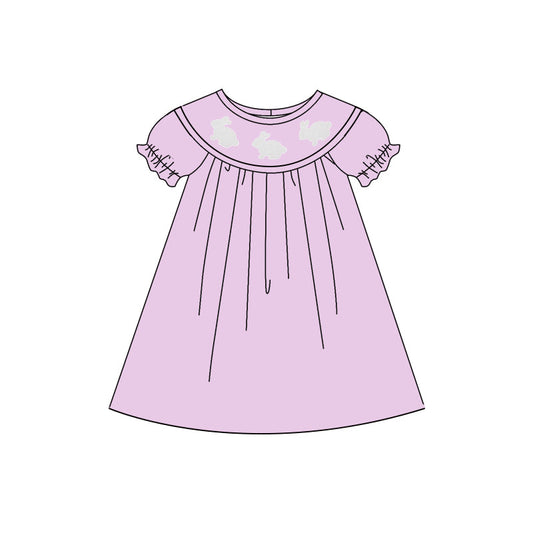 ( Moq 5 ) Preorder Baby Girls Short Sleeves Rabbits Easter Purple Knee Length Dress