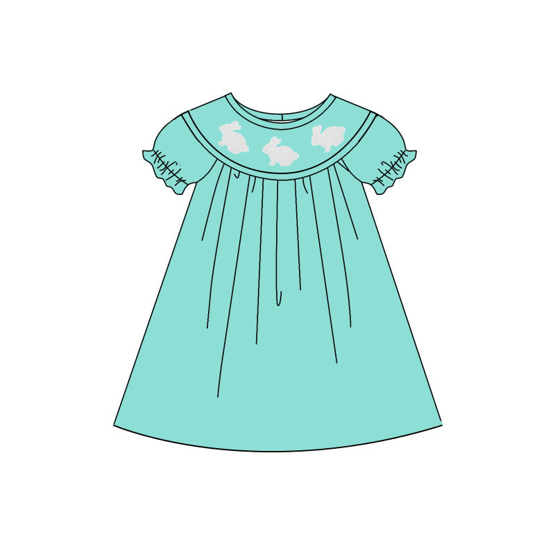 ( Moq 5 ) Preorder Baby Girls Short Sleeves Rabbits Easter Green Knee Length Dress