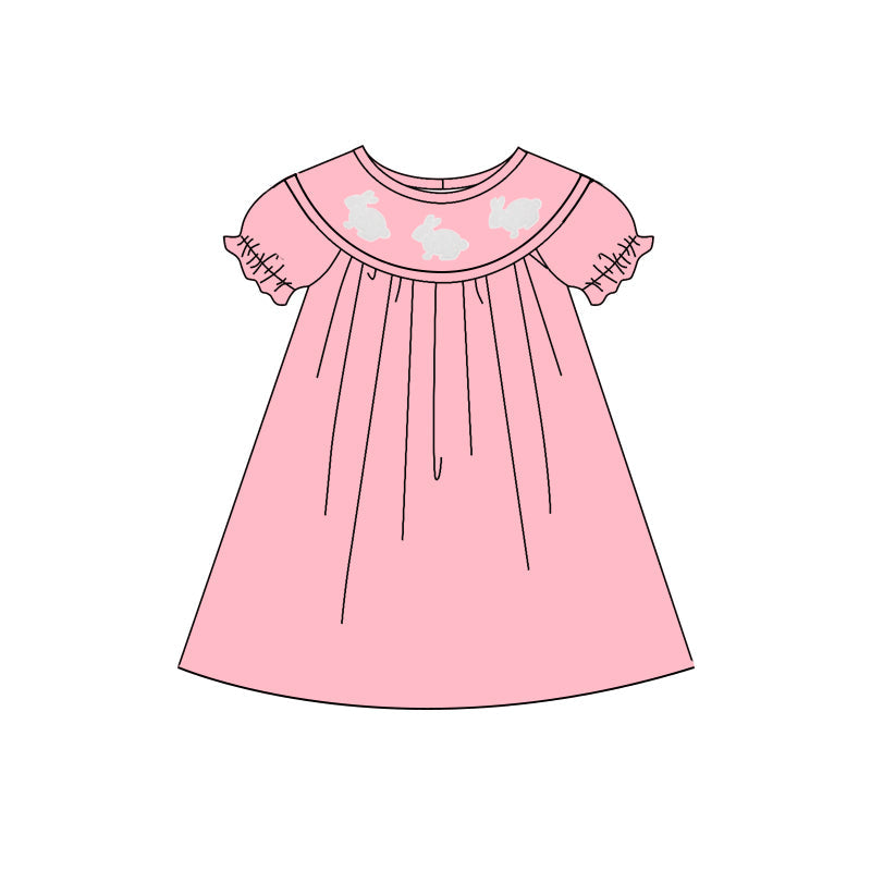 ( Moq 5 ) Preorder Baby Girls Short Sleeves Rabbits Easter Pink Knee Length Dress